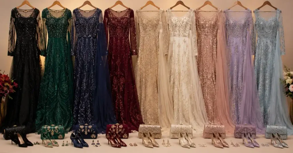 A row of elegant net luxury dresses in rich and pastel shades, beautifully embellished and paired with matching accessories.