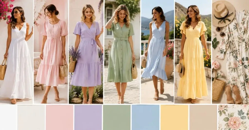 Best colors for summer featuring women in white, pastel pink, lavender, sage green, sky blue, soft yellow, and floral summer dresses.