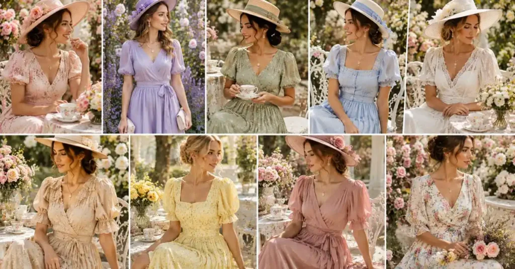 Collection of elegant tea party dresses in blush pink, lavender, sage green, baby blue, white, beige, soft yellow, dusty rose, and floral prints, styled in a blooming garden with vintage afternoon tea décor.
