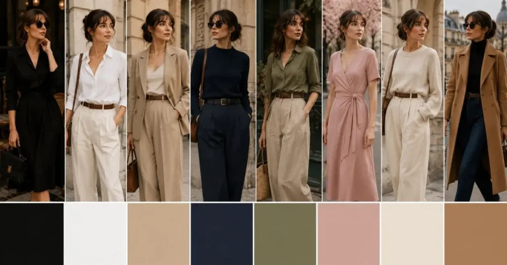 Collage of women wearing Parisian style outfits in timeless French-inspired colors including black, white, beige, navy, olive, soft pink, cream, and camel, showcasing elegant neutral fashion with minimalist styling.