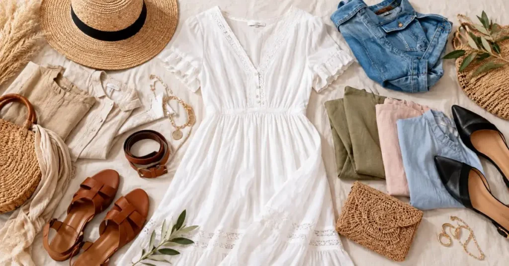 White cotton dress styled with beige, brown, denim blue, olive green, pastel shades, black, gold jewelry, and natural woven accessories.