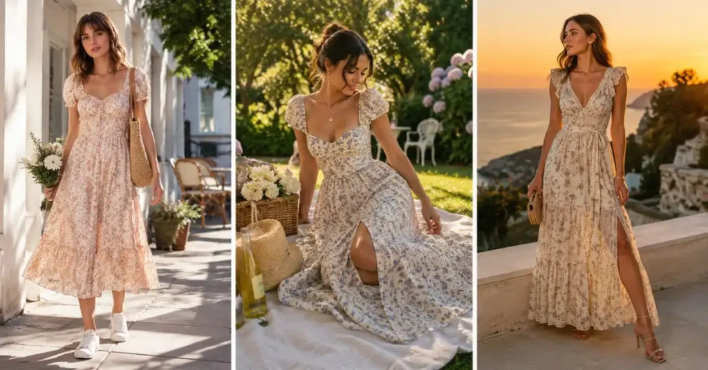 Three women wearing elegant floral Doen-style dresses for casual outings, garden parties, and vacation evenings.