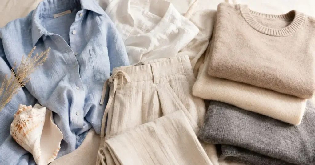 Flat lay of linen, cotton, cashmere, and lightweight wool clothing in soft neutral tones, showcasing the best fabrics for a timeless Coastal Grandmother Outfit.