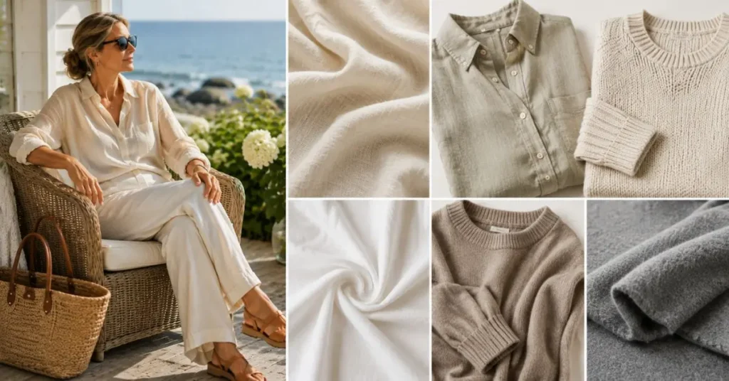 Woman wearing a neutral linen outfit in a coastal setting beside natural fabrics including linen, cotton, cashmere, and lightweight wool, showcasing breathable materials for a timeless and elegant coastal-inspired wardrobe.