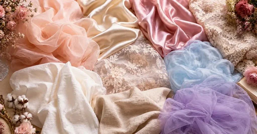 Romantic dress fabrics including chiffon, silk, satin, lace, organza, cotton, tulle, and linen in soft pastel colors with floral accents.