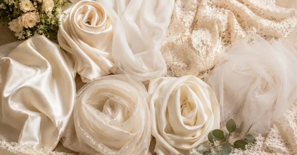 Elegant bridal fabric selection featuring satin, silk, chiffon, lace, tulle, organza, and crepe in soft ivory and cream tones.
