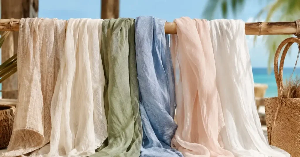Best fabrics for beach vacations, including lightweight linen, cotton, rayon, viscose, and chiffon fabrics displayed against a tropical beach setting.