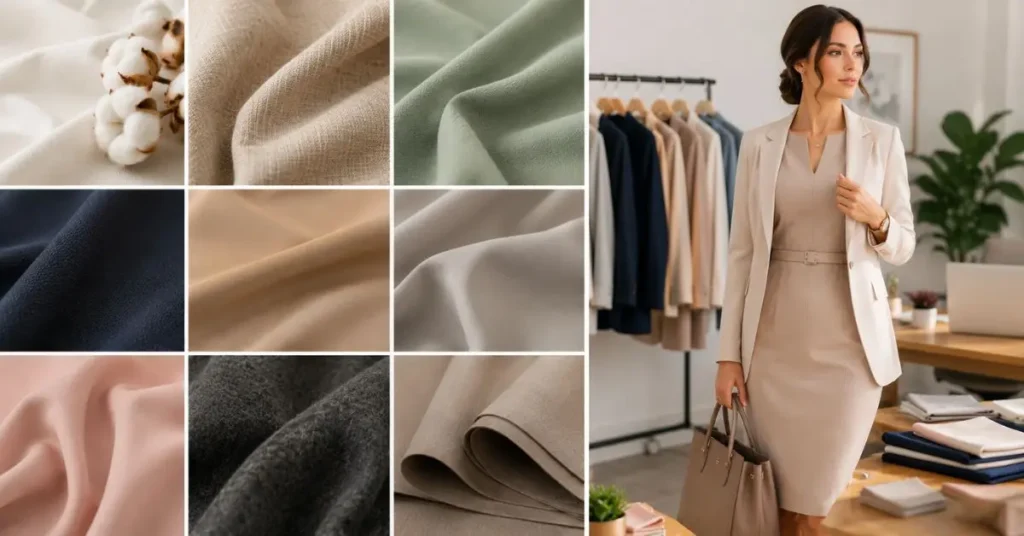 Professional woman in a polished office outfit standing beside fabric swatches, with cotton, linen, crepe, viscose, and wool-like textiles displayed to highlight comfortable and practical office wear fabrics.