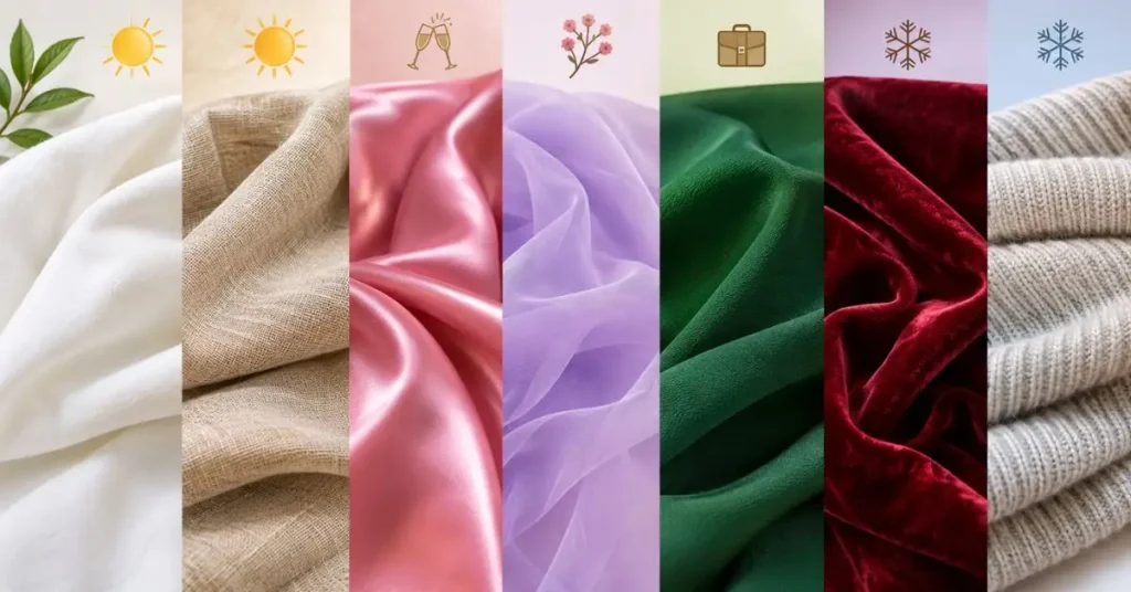 Best fabrics for different seasons, including cotton, linen, satin, chiffon, crepe, velvet, and knit fabrics.