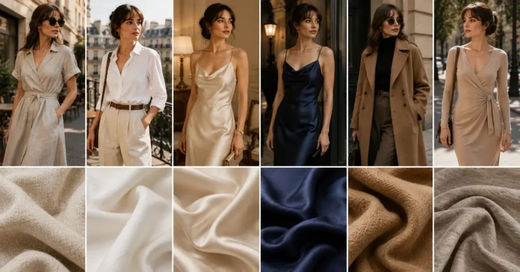 Elegant collage showcasing Parisian fashion in premium fabrics including linen, cotton, silk, satin, wool blends, and jersey, styled in timeless French outfits with neutral colors and sophisticated street-inspired looks.