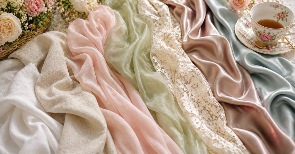 A beautifully arranged flat lay featuring cotton, linen, chiffon, organza, lace, satin, and silk blend fabrics in soft pastel shades with elegant floral teacups, fresh flowers, and vintage-inspired tea party accessories.