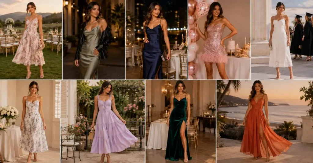 Elegant Lulus-inspired dresses for different occasions, including weddings, date nights, cocktail parties, birthdays, graduations, garden parties, formal dinners, and vacation evenings.