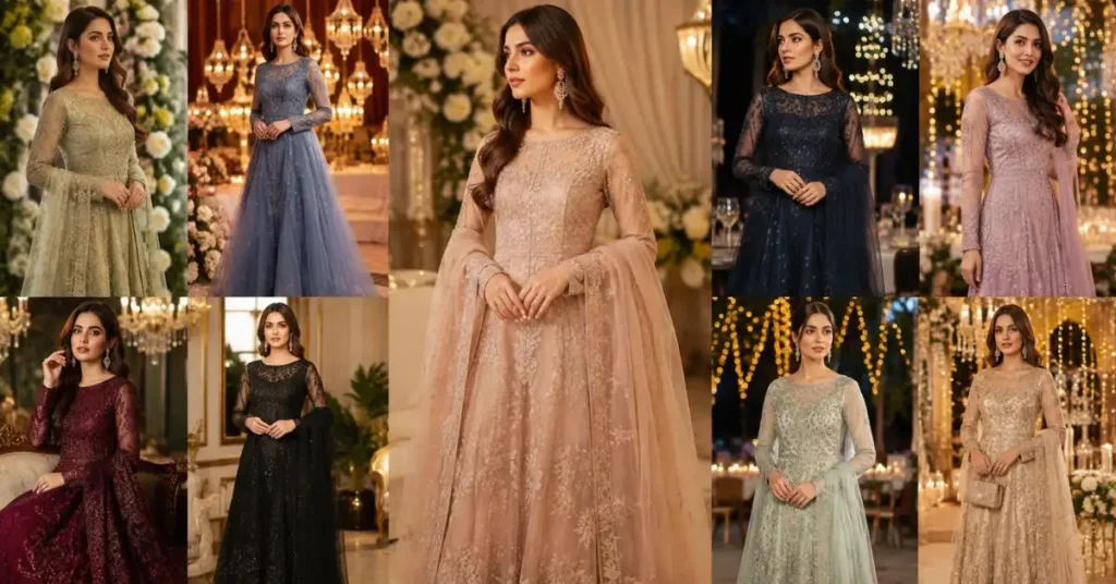 Elegant net luxury dresses styled for weddings, engagement parties, formal dinners, evening events, birthday celebrations, festive gatherings, and receptions.