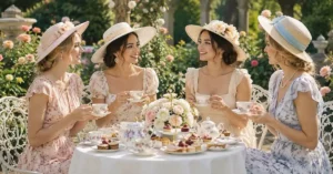 Elegant women wearing floral tea party dresses and wide-brim hats while enjoying afternoon tea in a beautiful garden with vintage tableware, fresh flowers, and a sophisticated outdoor setting.