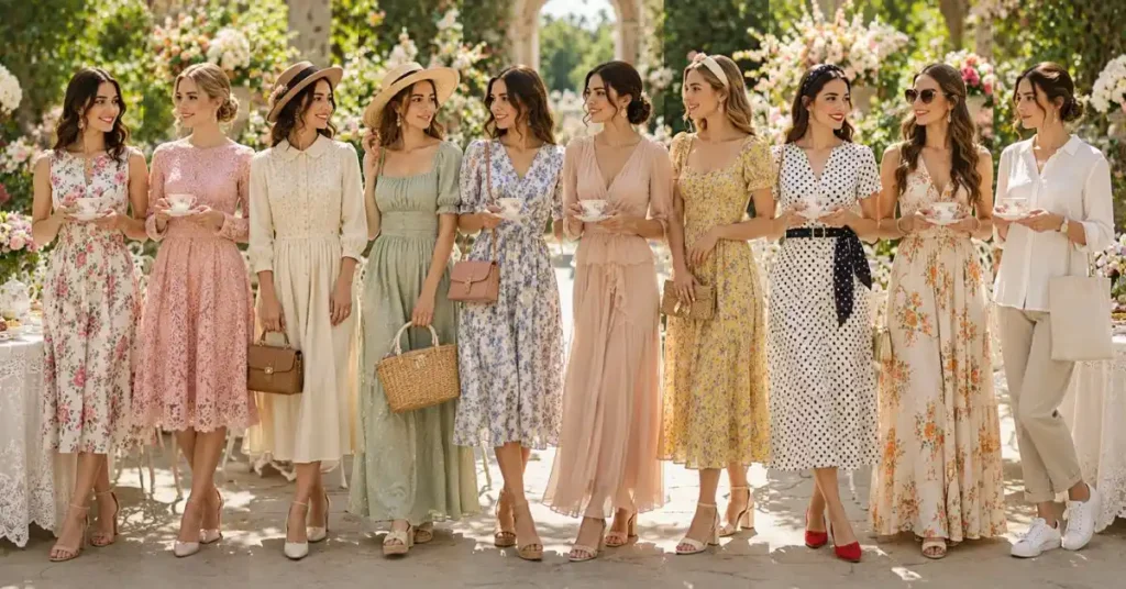 A collection of elegant women wearing floral, lace, wrap, chiffon, puff sleeve, polka dot, maxi, vintage, cottagecore, and smart casual tea party outfits in a beautiful outdoor garden with floral decorations, teacups, and an elegant afternoon tea setting.