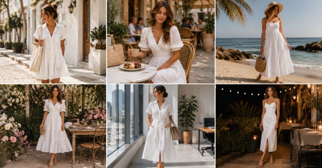 White cotton dress ideas for different occasions, including casual days, brunch, beach vacations, garden parties, office wear, and date nights.