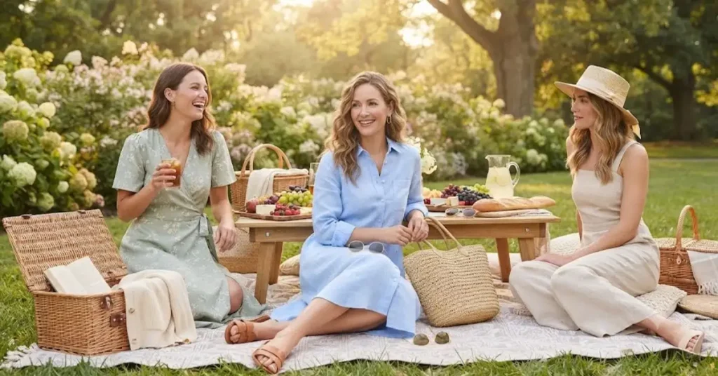 A woman wearing a breathable linen shirt dress and elegant summer accessories, including a straw hat, woven tote bag, and flat sandals, enjoying a stylish picnic in a sunny park with a picnic blanket, fresh fruit, and natural greenery.