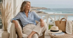 Coastal Grandmother Outfit featuring a woman in a light blue linen shirt and cream trousers relaxing on a seaside porch with neutral accessories and an elegant coastal aesthetic.