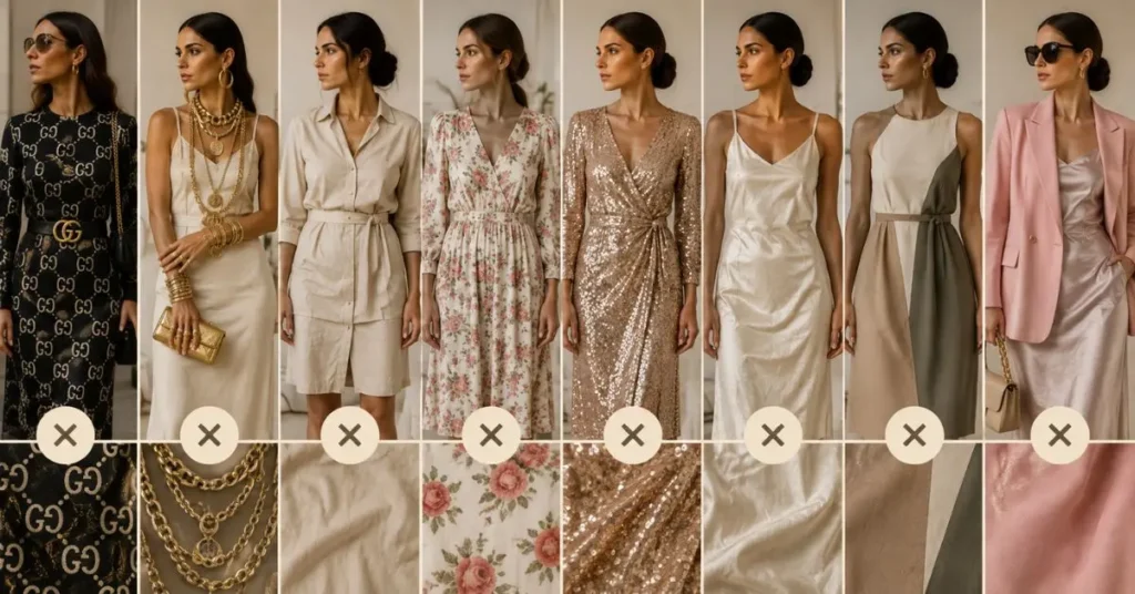 Common quiet luxury styling mistakes including excessive logos, too many accessories, poor fit, busy patterns, heavy embellishments, and clashing colors.
