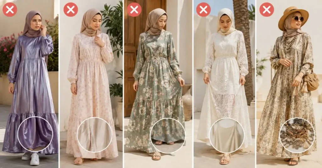 Common mistakes to avoid when styling modest summer dresses, including heavy fabrics, poor breathability, unsuitable lengths, missing underlayers, and excessive accessories.