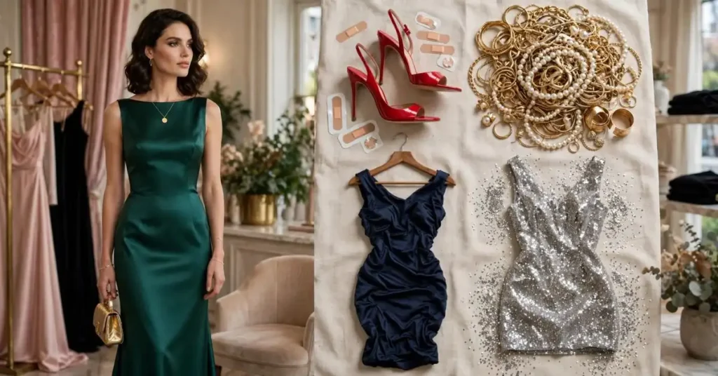 Woman in an elegant gala dress checking her formal outfit and accessories in a mirror, highlighting balanced styling, proper fit, footwear, jewelry, and event-appropriate fashion.