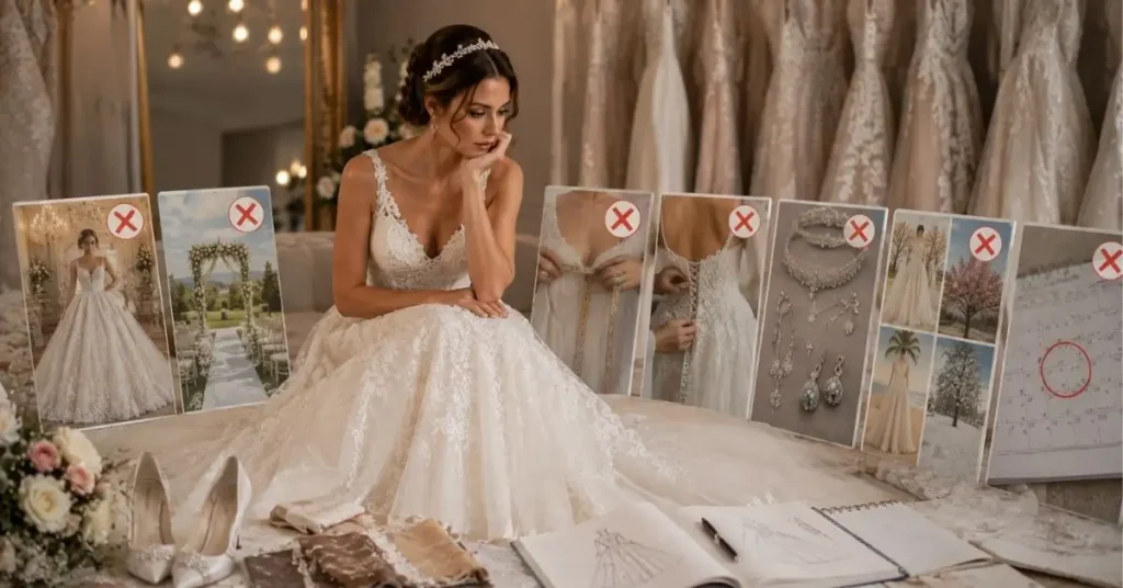 Bride reviewing wedding gown choices in a bridal boutique while considering fit, comfort, accessories, venue, season, and alterations.