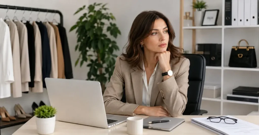 Professional woman in a modern office wearing polished workwear, highlighting common office fashion mistakes to avoid, with an organized wardrobe and comfortable footwear in the background.