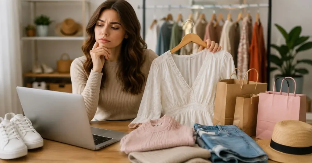 Common shopping mistakes to avoid when buying women’s clothing online, including checking fabric, trends, occasion, and return policies.