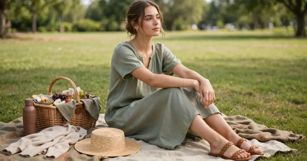 A woman wearing a well-balanced elegant picnic outfit with breathable fabrics, comfortable shoes, and coordinated accessories in a beautiful park, demonstrating practical and stylish choices for a polished outdoor picnic look.
