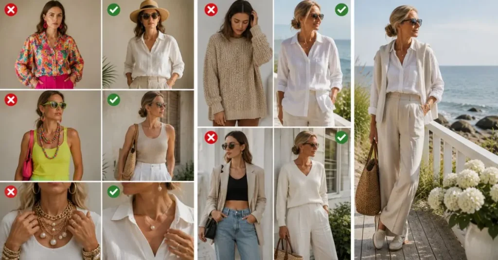 Comparison of timeless coastal outfits and common fashion mistakes, featuring neutral linen clothing, minimal accessories, balanced styling, and elegant seaside-inspired wardrobe choices.