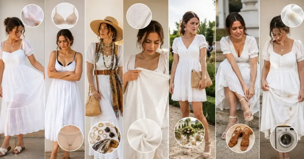 Women in white cotton dresses illustrating common styling mistakes, including sheer fabric, visible undergarments, over-accessorizing, poor fabric quality, unsuitable lengths, uncomfortable shoes, and stains.