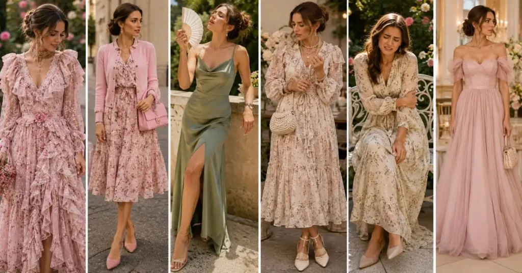 Common romantic fashion styling mistakes shown through overly detailed dresses, excessive accessories, mismatched fabrics, and unbalanced outfit choices.