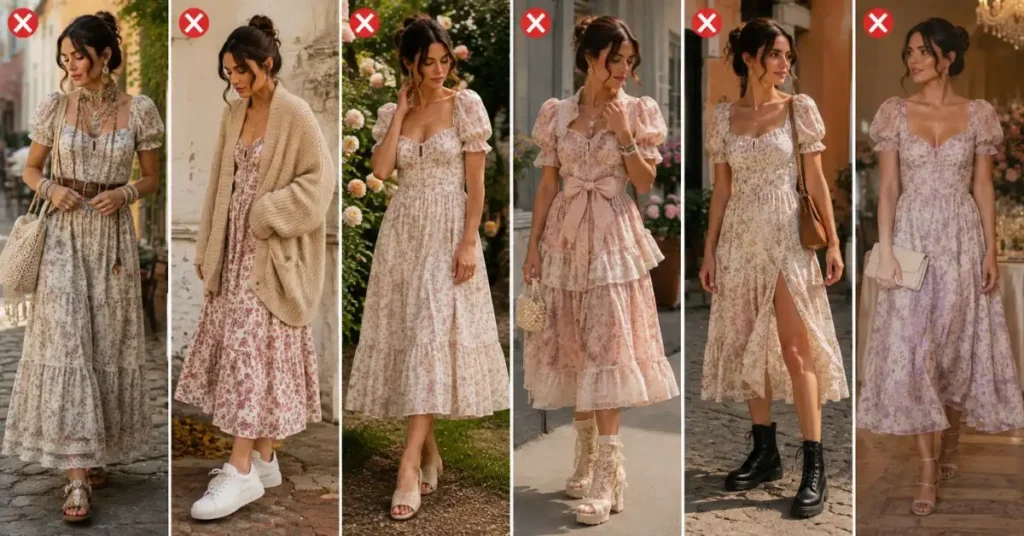 Women wearing romantic floral dresses showing common styling mistakes, including over-accessorizing, oversized layers, excessive feminine details, and mismatched footwear.