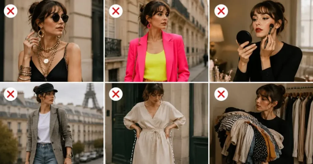 Collage showing common Parisian style mistakes, including excessive accessories, neon colors, heavy makeup, poor outfit choices, ill-fitting dresses, and buying too many low-quality clothes instead of timeless fashion.