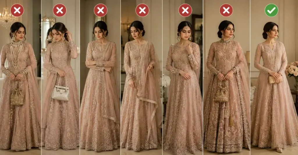 A woman in a net luxury dress shown with both over-accessorized and balanced styling looks, highlighting common fashion mistakes in an elegant setting.
