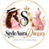 StyleAuraDresses logo featuring an elegant woman in a pink dress, fashion mannequin, gold SA monogram, and luxury gold typography.