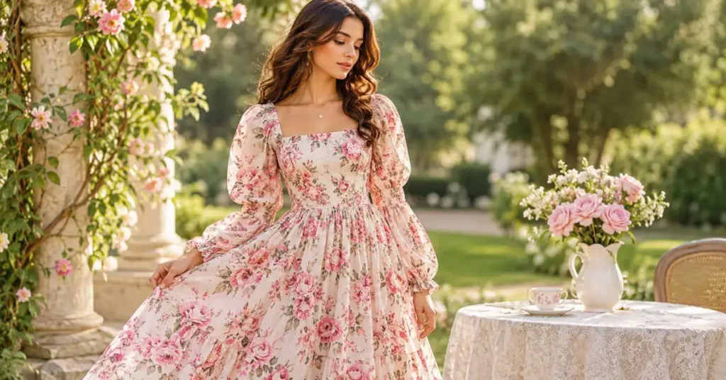 Elegant floral Doen dress with puff sleeves styled in a romantic garden setting.