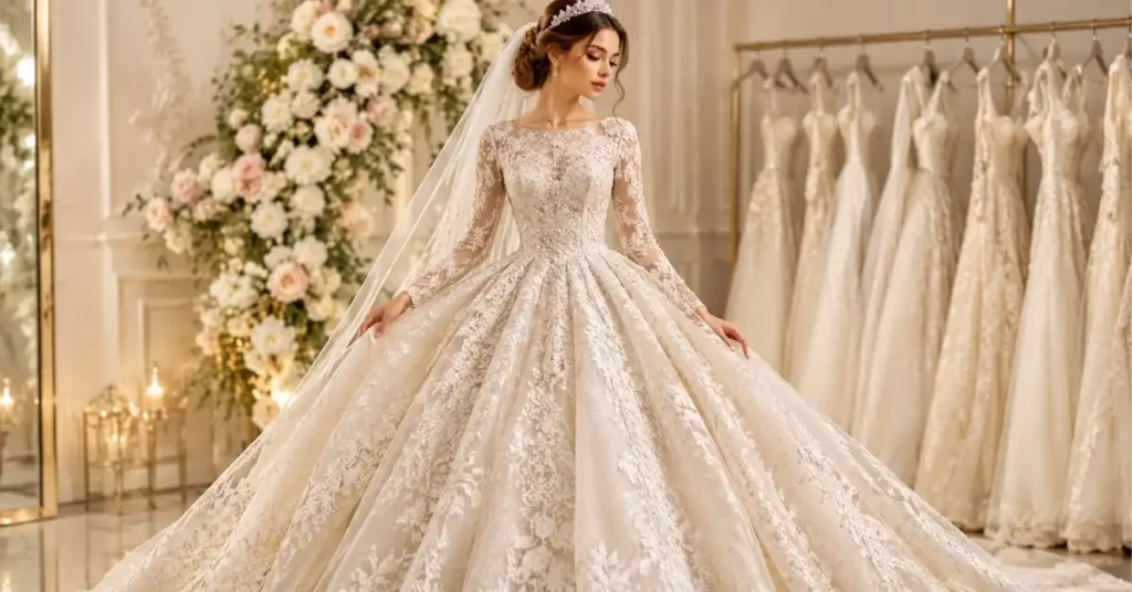 Elegant ivory dress for wedding gown with lace details, long sleeves, flowing skirt, and bridal veil in a luxury boutique.