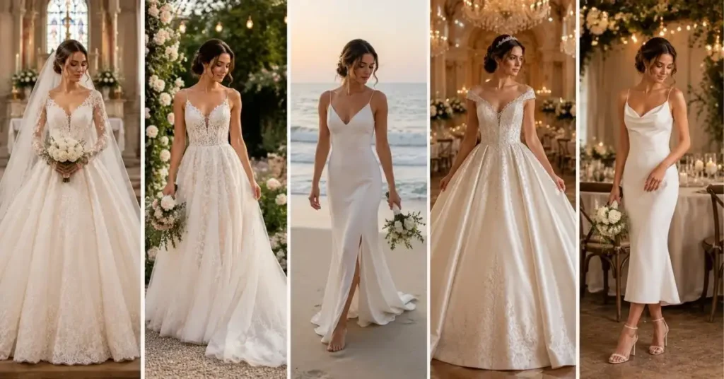 Five bridal gown styles for different wedding settings, including church, garden, beach, ballroom, and intimate wedding celebrations.
