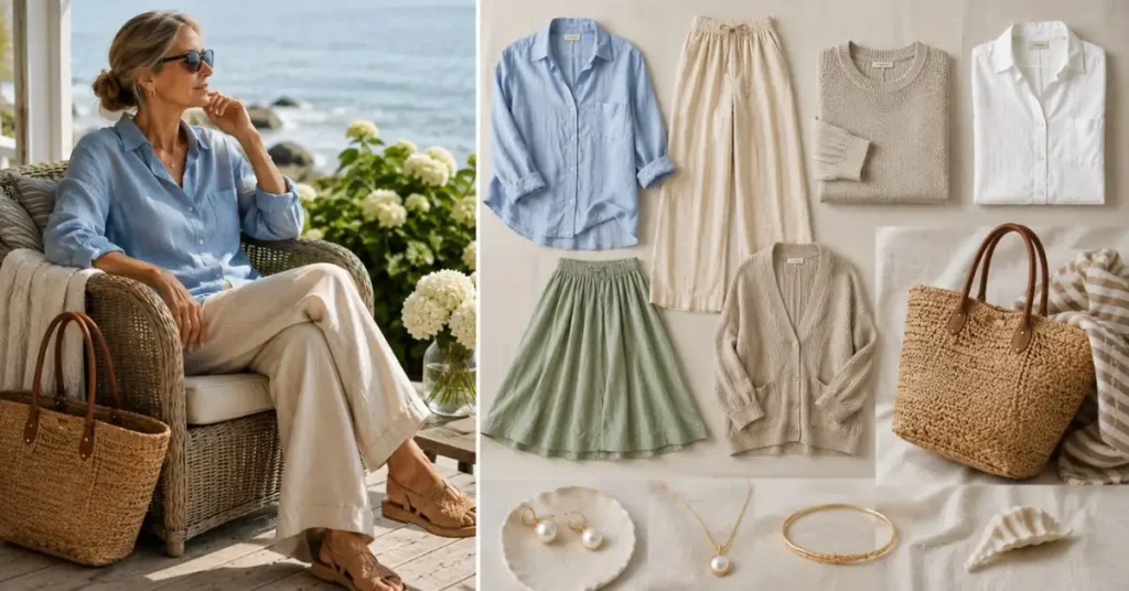 Woman wearing a soft blue linen shirt with neutral wide-leg trousers beside a collection of timeless wardrobe essentials, including a white shirt, knit sweater, cardigan, midi skirt, woven tote bag, and minimalist jewelry in a coastal-inspired setting.