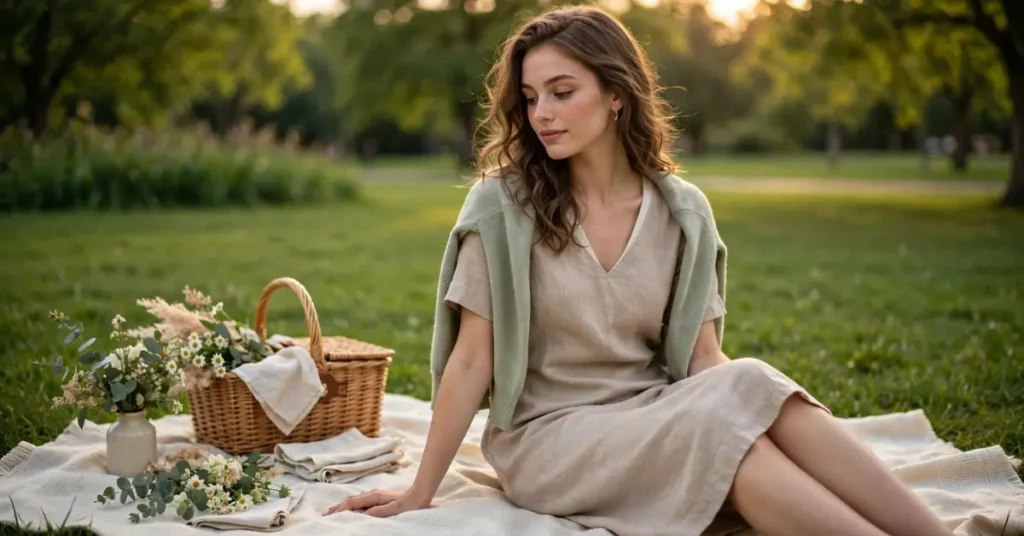 A stylish woman wearing an elegant picnic outfit with thoughtfully coordinated accessories, including a straw hat, woven bag, delicate jewelry, and comfortable footwear, posing in a scenic outdoor picnic setting with lush greenery and soft natural sunlight.