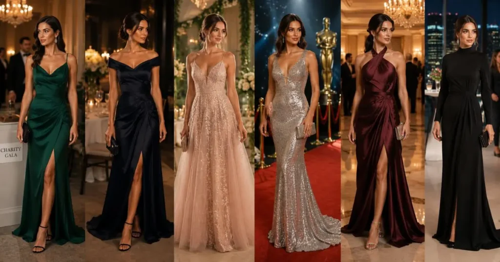 Six women wearing elegant gala dresses in emerald, black, champagne, silver, burgundy, and black styles, representing charity galas, formal dinners, weddings, award ceremonies, luxury parties, and corporate events.