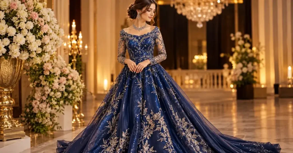 Elegant woman wearing a navy blue embellished gala dress in a luxurious ballroom with chandeliers and floral decorations.