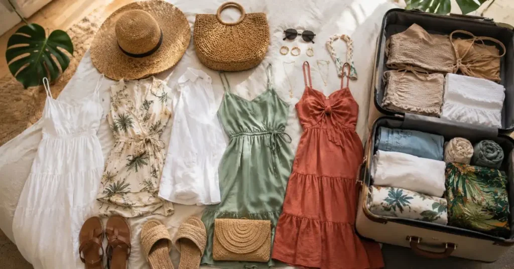 Open suitcase surrounded by versatile beach vacation outfits, lightweight dresses, sandals, woven bags, sunglasses, and neatly packed summer clothing in neutral and tropical colors.