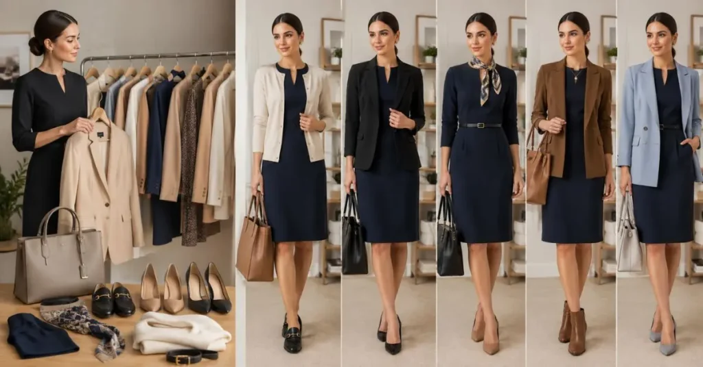 How to Build a Versatile Workwear Wardrobe – woman styling a navy work dress with cream, black, brown, and light blue layers, surrounded by coordinated office clothing, shoes, handbags, and accessories.