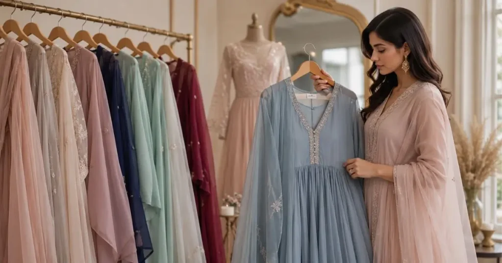 Woman choosing a chiffon dress in a soft-toned boutique with elegant flowing styles.