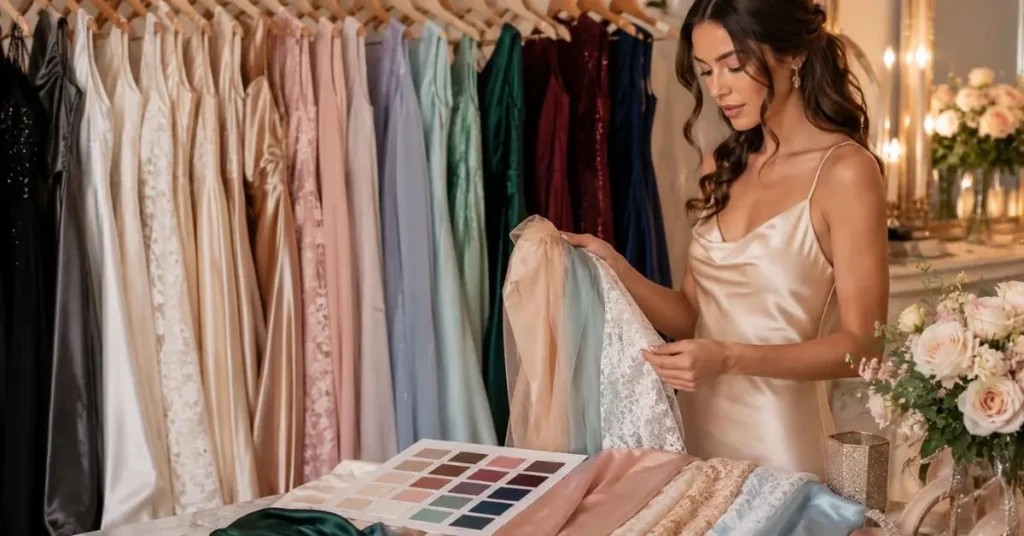 How to Choose the Right Color and Fabric for Lulus Dresses, featuring elegant colors, satin, chiffon, lace, and lightweight fabrics.