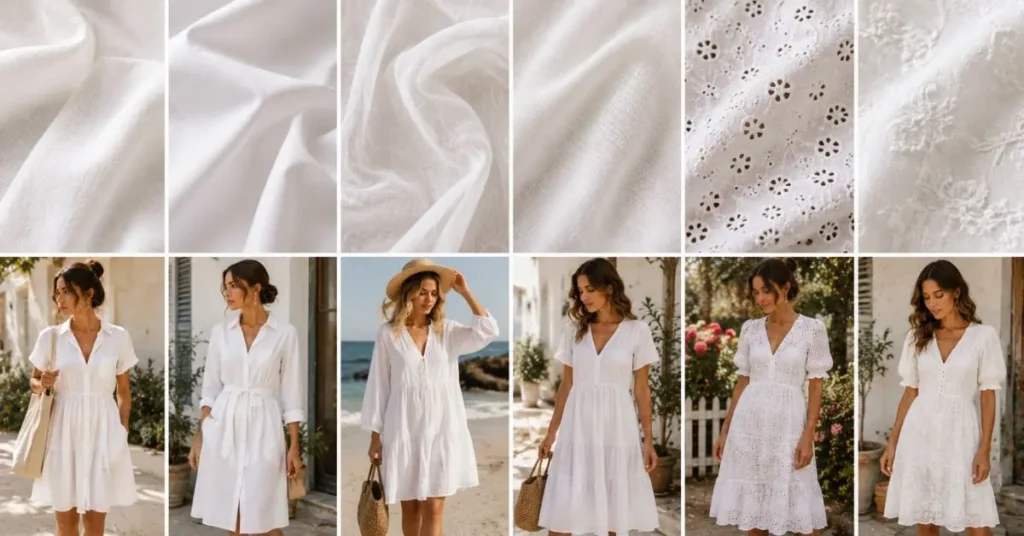 White cotton fabric types including lightweight cotton, poplin, voile, lawn, eyelet, and embroidered cotton for summer dresses.