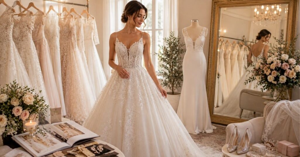Bride choosing a wedding gown in an elegant bridal boutique while considering fit, fabric, silhouette, comfort, accessories, and wedding style.