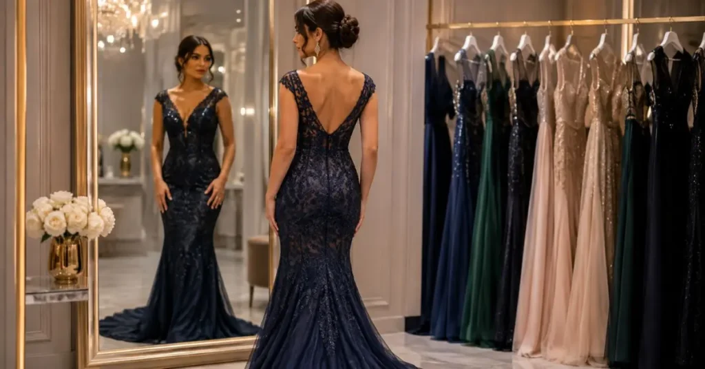 Woman wearing an elegant navy blue gala gown in a luxury boutique dressing room, with formal dresses displayed on a rack.